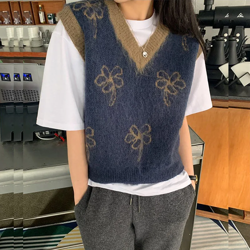 Japanese Style Lazy Knitted V-Neck Sweater Vest Women's Spring Autumn Outerwear Shoulder Pad Layering Base Layer Top