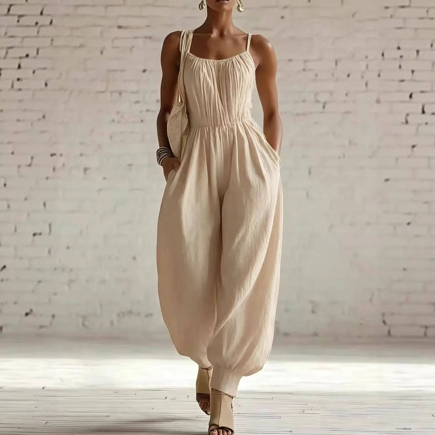

Casual Cotton Linen Blend One-Piece Romper Strapless Loose Fit Long Pants Summer 2026 Women's Cross-Border Apparel