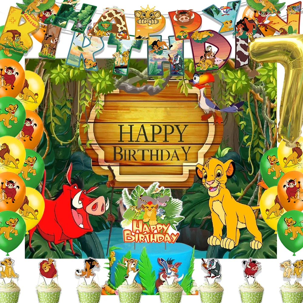 

Disney The Lion King Birthday Party Supplies Decor Cartoon Lions Balloons Forest Animals Backdrops Cake Topper Banner Boys Gifts