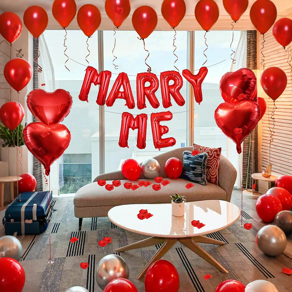 مجموعة بالونات حمراء للزواج مني، محاكاة بتلات الورد، بالون على شكل قلب، ديكور اقتراح اعتراف عيد الحب