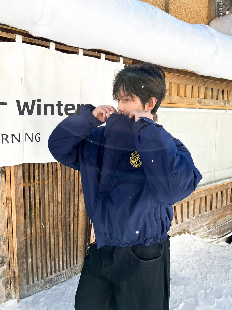 

Американская ретро-куртка с воротником-стойкой из утолщенного хлопка для мужчин, зимняя теплая, свободного кроя, с леопардовым принтом, повседневная, на молнии