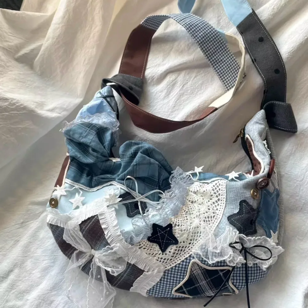 

Lace Bow Spliced Shoulder Bag Hobos Bolsos De Mujer Hit Color Star Sac Femme Button Bags for Woman All-match Commuter Bolso