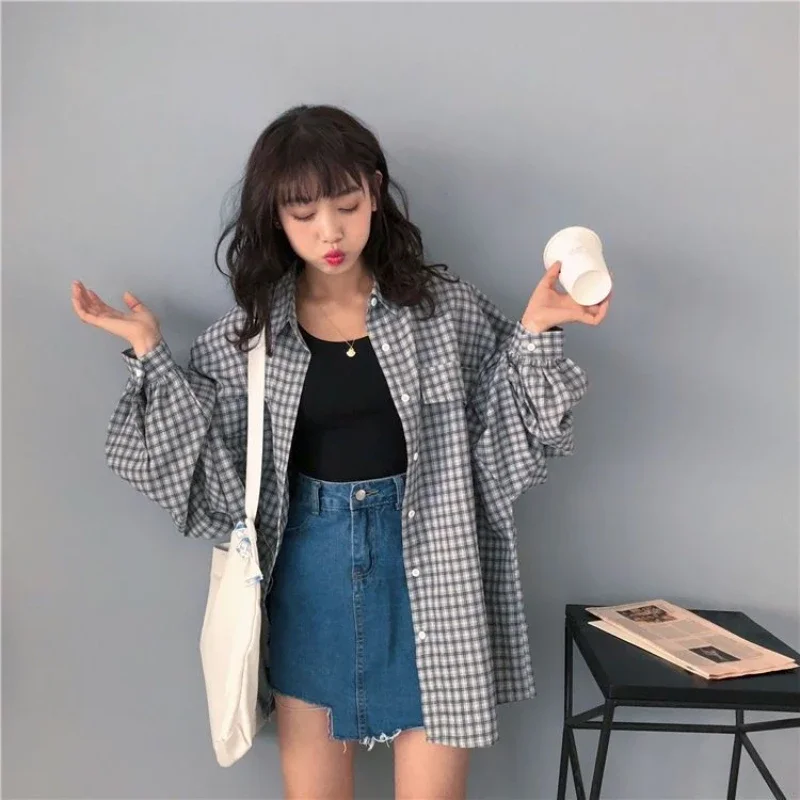 Summer New Plaid Shirts Women Korean Loose Long Sleeve Single Breasted Casual Basics Polo-neck Vintage Shirt Jacket Female