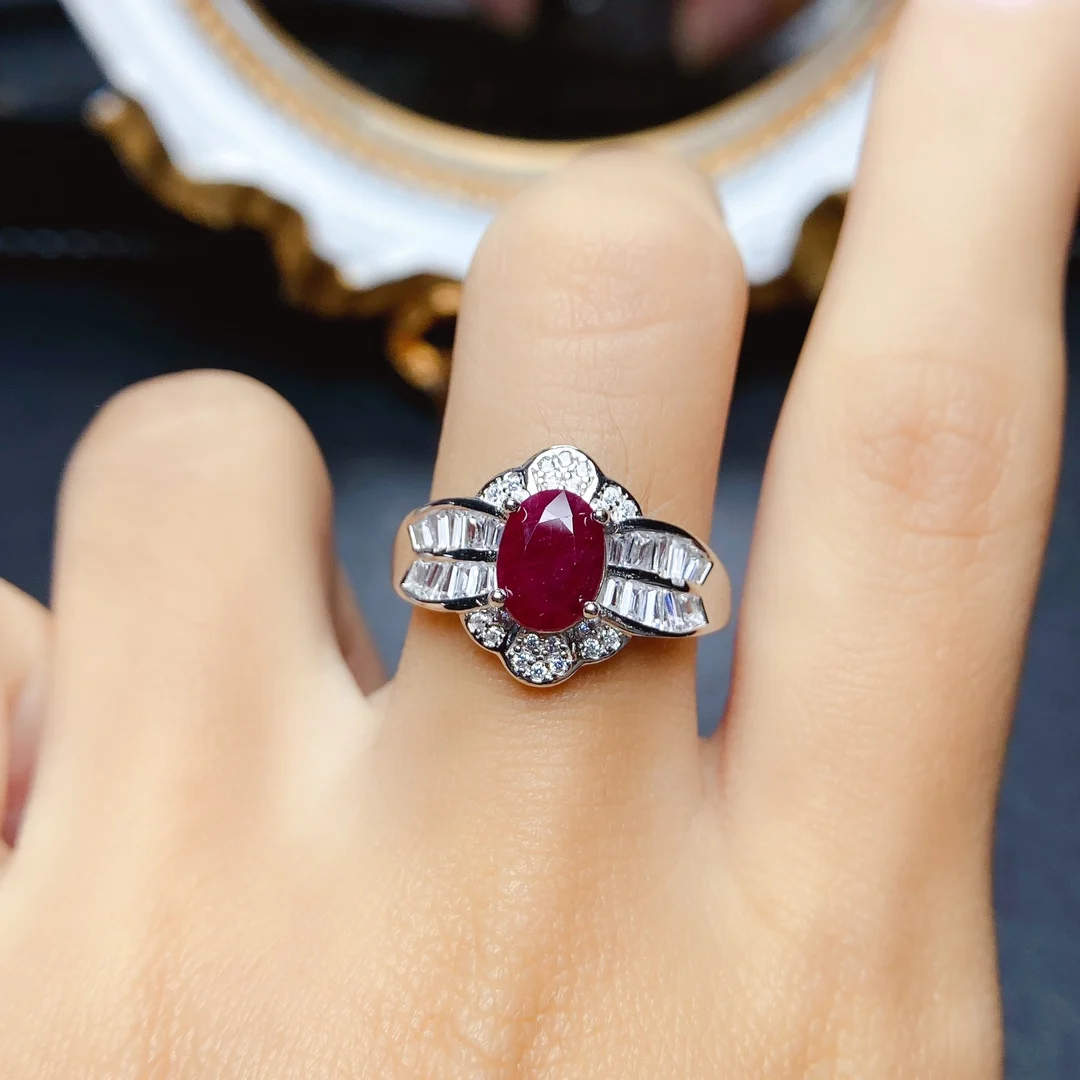 FS S925 Sterling Silver Inlay 6*8mmNatural Ruby Ring Certificate Fashion Fine Charm Weddings Jewelry for Women MeiBaPJ