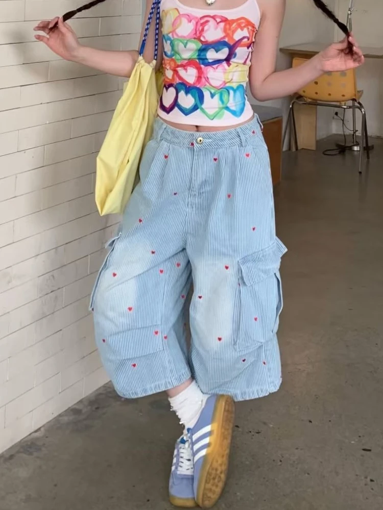 

plus Size American Retro Heart Design Denim Seven-Foot Pants Women Summer Pleated Multi-Pocket Loose Workwear Shorts