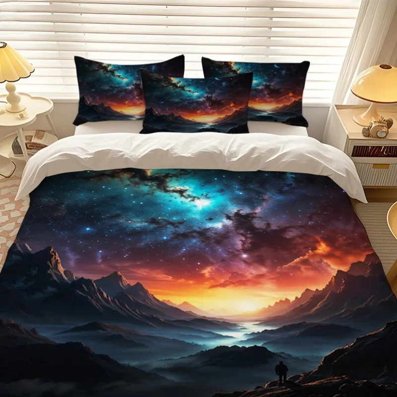 Duvet Cover Set 3 Piece Galaxy Sunrise Starry Sky Print Pattern Duvet Cover Set Ultra Soft Brushed Bedding for Bedroom Hotel Dormitory