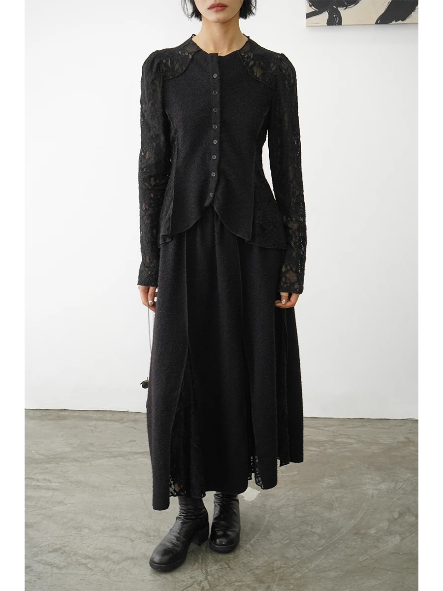 Dark Fairy Lace Patchwork Asymmetrical Two-Piece Set Half Skirt Jacket Anti-Wrinkle Long Sleeve round Neck Slim Fit Style