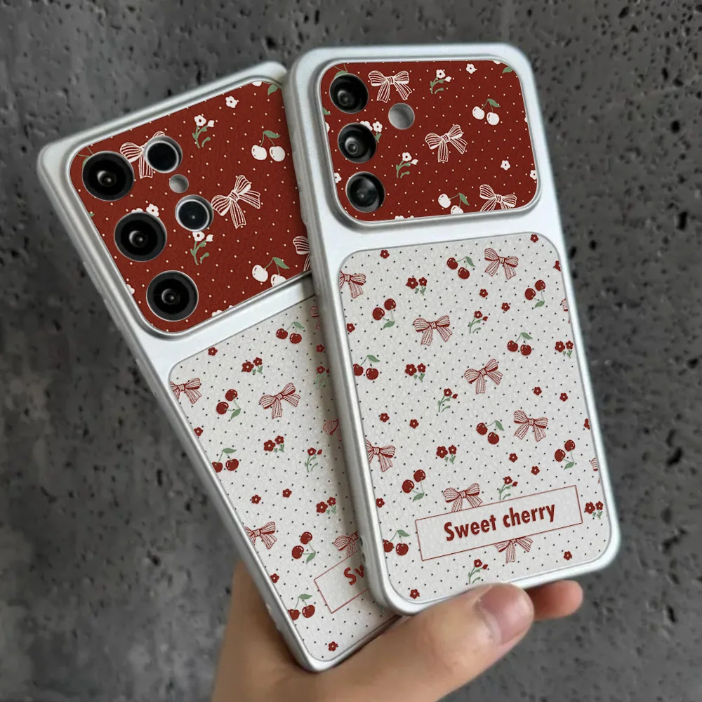 Red Cherry Bow And Flower Leather Phone Case For Samsung S26 Ultra S25 A17 A56 A36 A07 A26 A16 A05 Protective Cover With Lanyard view 2