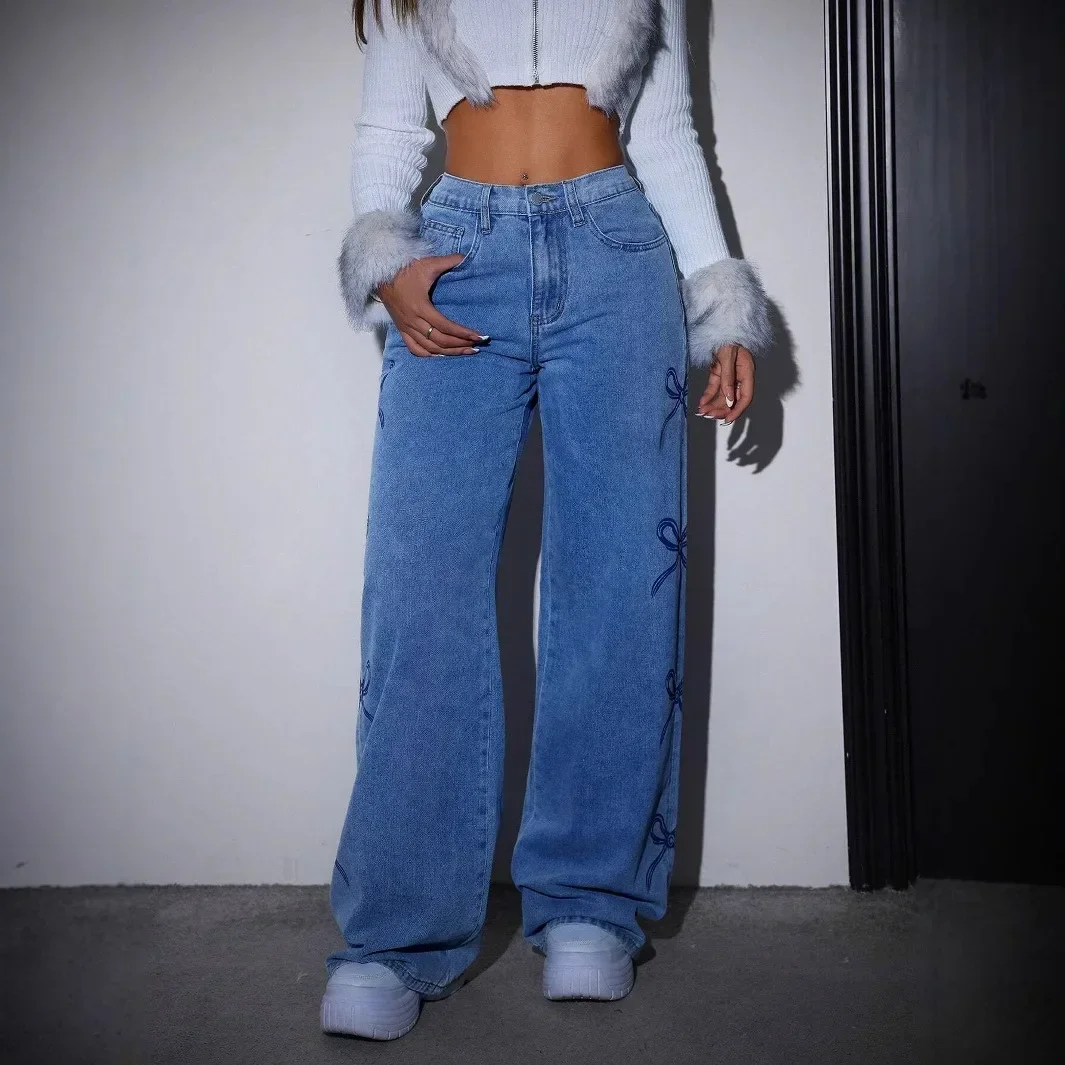 

Y2K Women Bow Print Jeans High Waist Washed Distressed Straight Trousers Vintage Floor Length Streetwear Wide Leg Pants