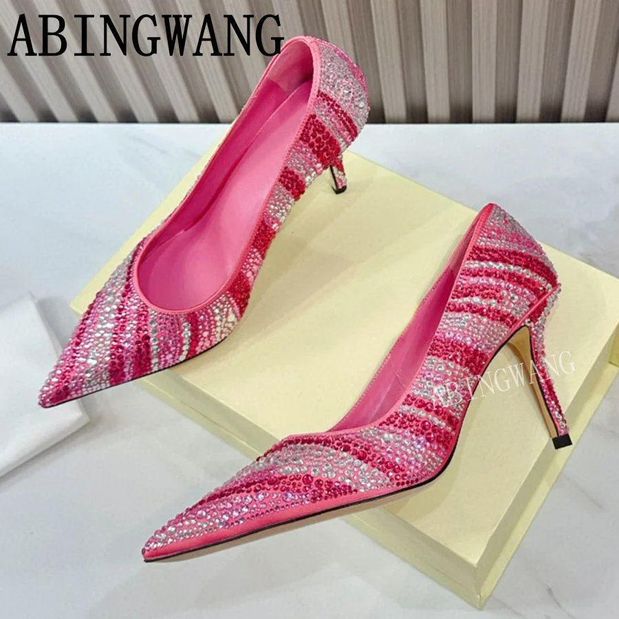 Zapatillas de tacón alto con diamantes de imitación para mujer, zapatos de verano con punta puntiaguda, ostentosos, diseñador de marca, pasarela, Sexy, fiesta