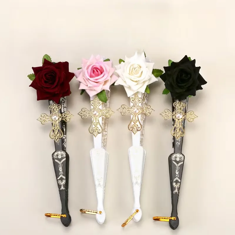 5Pcs Halloween Black Cross Hand Fans, Lace Rose Gothic Style, Vintage Floral Large Folding Fans, Suitable for Halloween Parties, Cosplay Costumes, Photo Props, Home Decoration, Wall Decoration, Prop Decoration, Themed