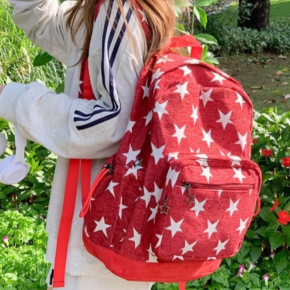 

Korean Style Grey Stripes Backpack Multi-pocket Lightweight Star Printing Backpack Adjustable Straps Commuting
