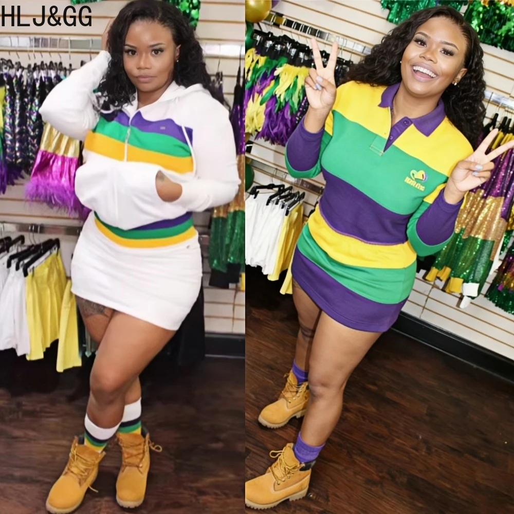 

HLJ&GG Fashion Stripe Trend Printing Hooded Two Piece Sets Women Zipper Long Sleeve Top And Mini Skirts Outfit Spring Streetwear