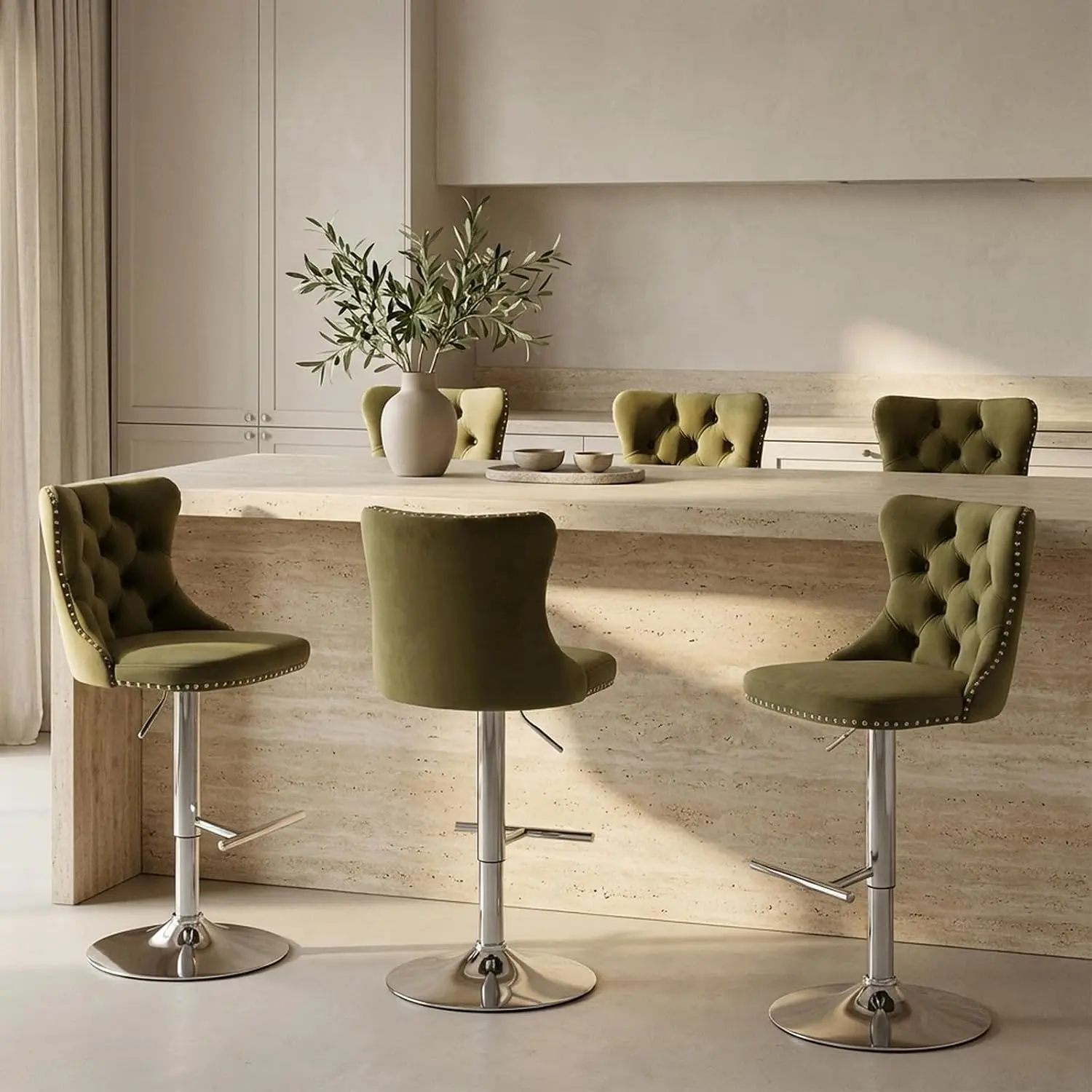 Velvet Swivel Bar Stools Set of 6, Adjustable Counter Height Kitchen Island Chairs with Back, Tufted Silver Base, Customized