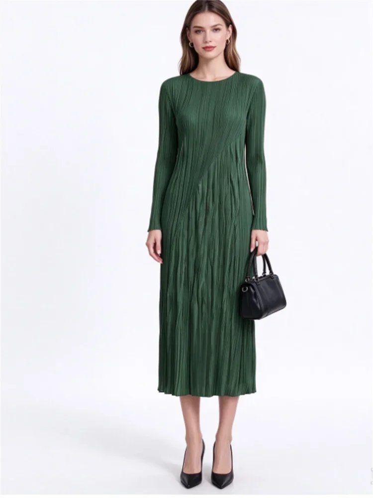 Miyake Pleated Women Brown Round Neck Pleated Dress, Long Sleeve Midi Dress, Slim Fit Textured Casual Dress