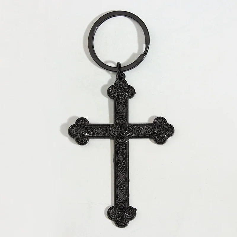 Black Flower Cross Keychain Jesus Faith Key Ring Religion Key Chains Souvenir Gifts For Women Men Handmade Simple Punk Jewelry