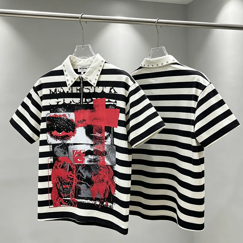 MAJESTIK Streetwear Men Half Zip Polo Shirt Rhinestone Embellished Collar Red Cross Graphic Tee