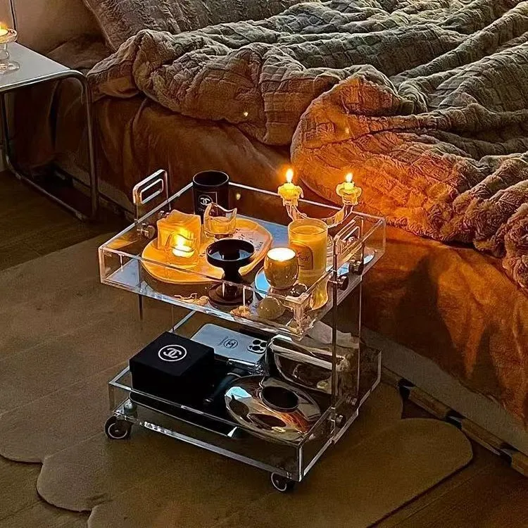 Acrylic transparent movable trolley edge corner bedside table tea table multi-layer shelf mobile storage rack