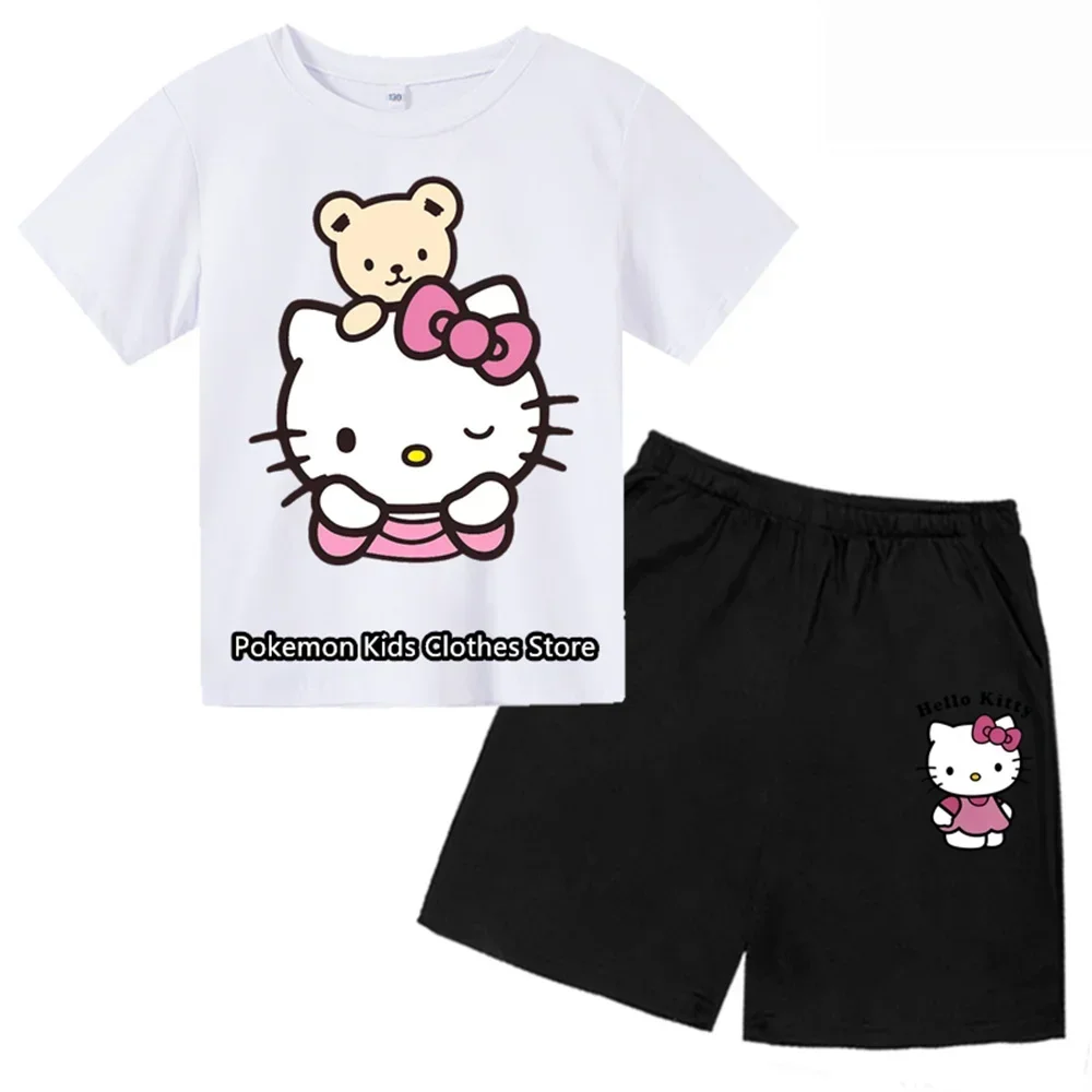 Hello Kitty Kids Tshirt Set Kuromi Girls T-shirts Short Sleeve Streetwear Pullover Baby Boy Clothes Sets Casual Sanrio Tops