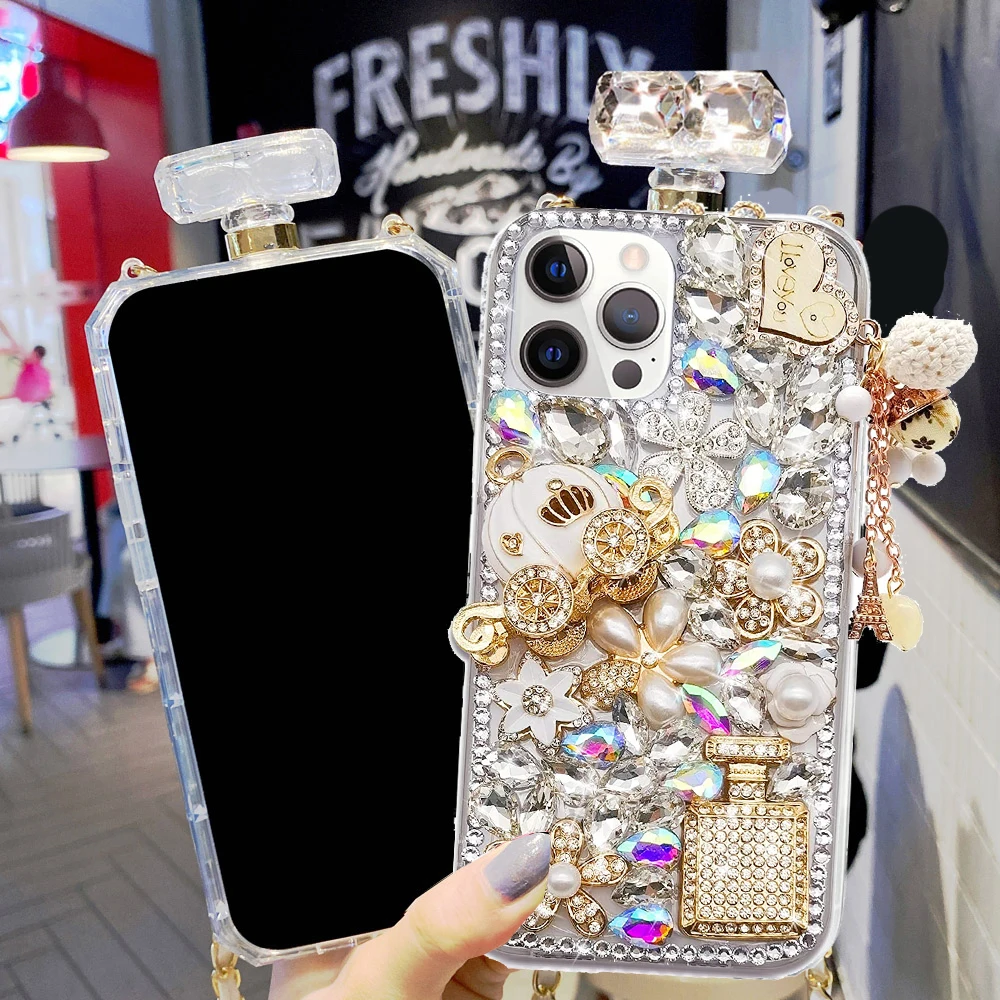 or iPhone 17 Air 16 15 14 13 12 11 Pro Max Plus Luxury Fashion Bling Diamond Perfume bottle Lanyard Phone Cover Case