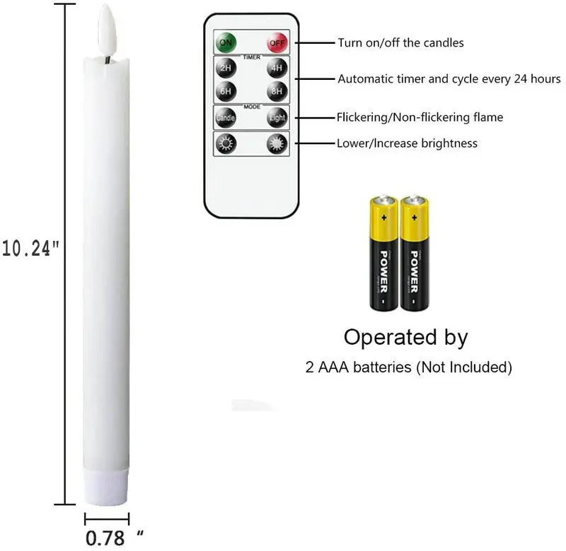 Bougie conique à Led, chandelier à mèche 3D, télécommandé avec fonction de minuterie, fonctionne à piles, éclairage décoratif de fête à domicile, 10 pouces, 12 pièces