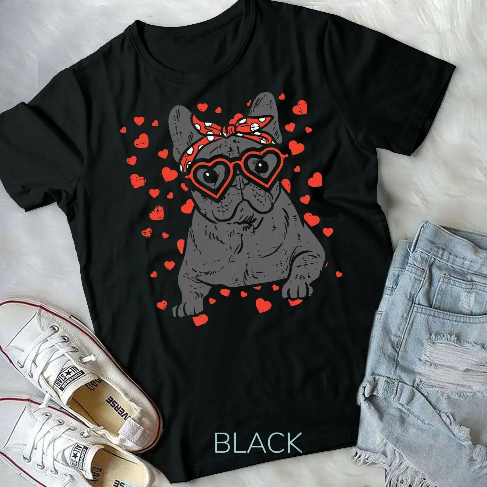 French Bulldog Heart Glasses Valentine Day Frenchie Dog Gift Unisex T-shirt