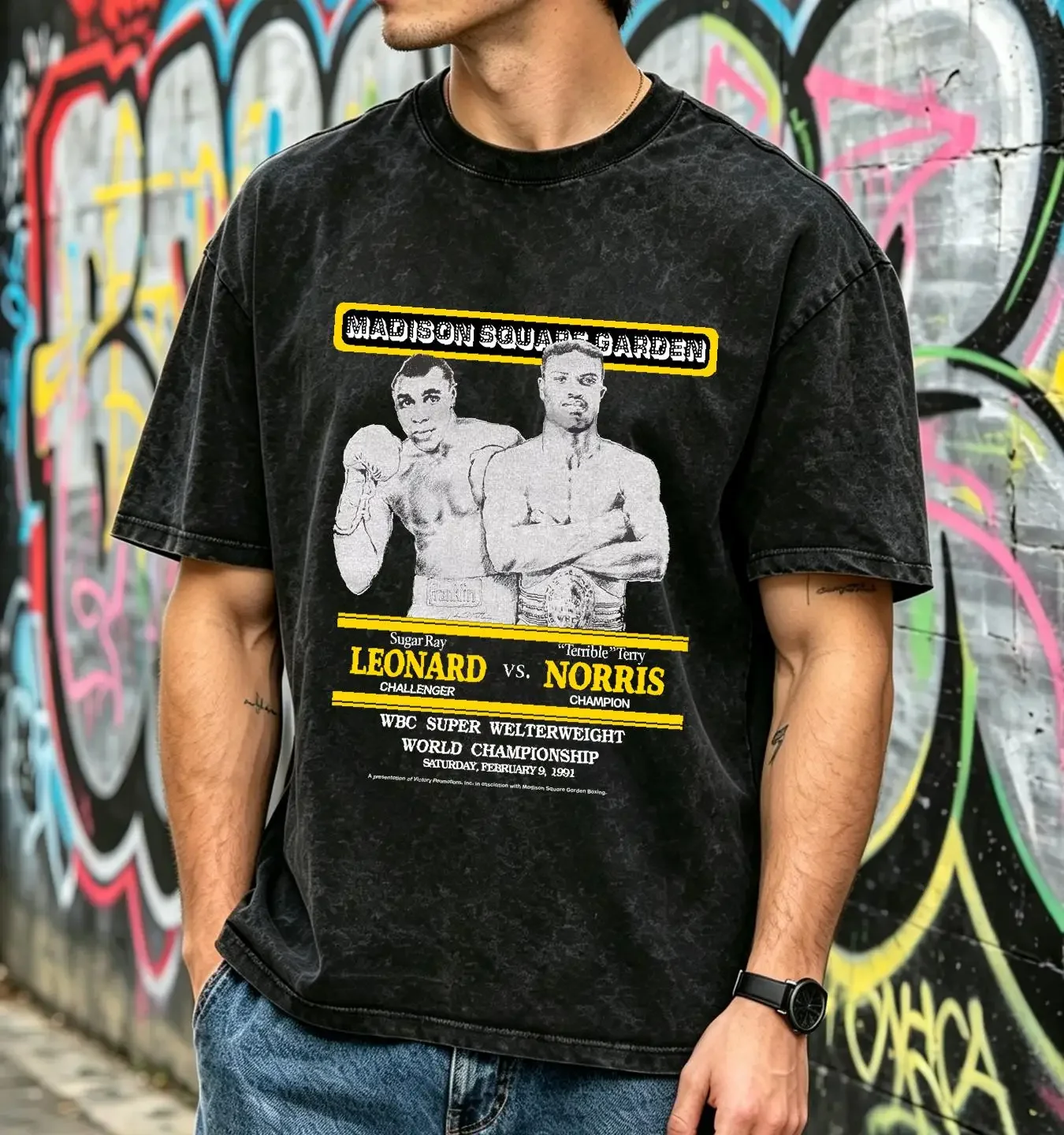 washed T Shirt Vintage 1991 SUGAR RAY LEONARD VS Terrible TERRY NORRIS L Boxing vintage Washed Casual Comfortable Unisex