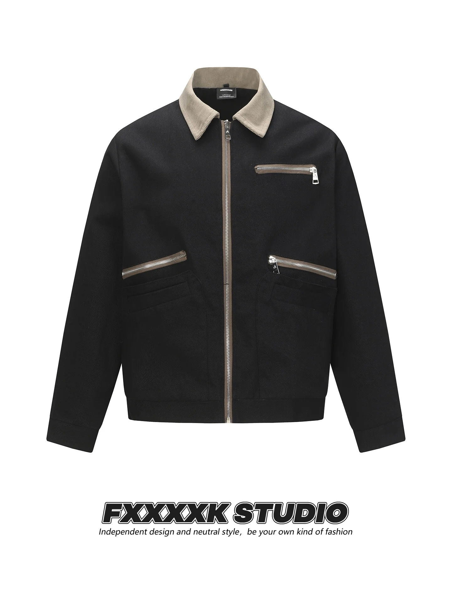 

Мужская куртка-жакет FXK в американском ретро-стиле с винтажным декором на молнии, цветным воротником и элементами рабочей одежды, осенне-зимняя, трендовая, брендовая