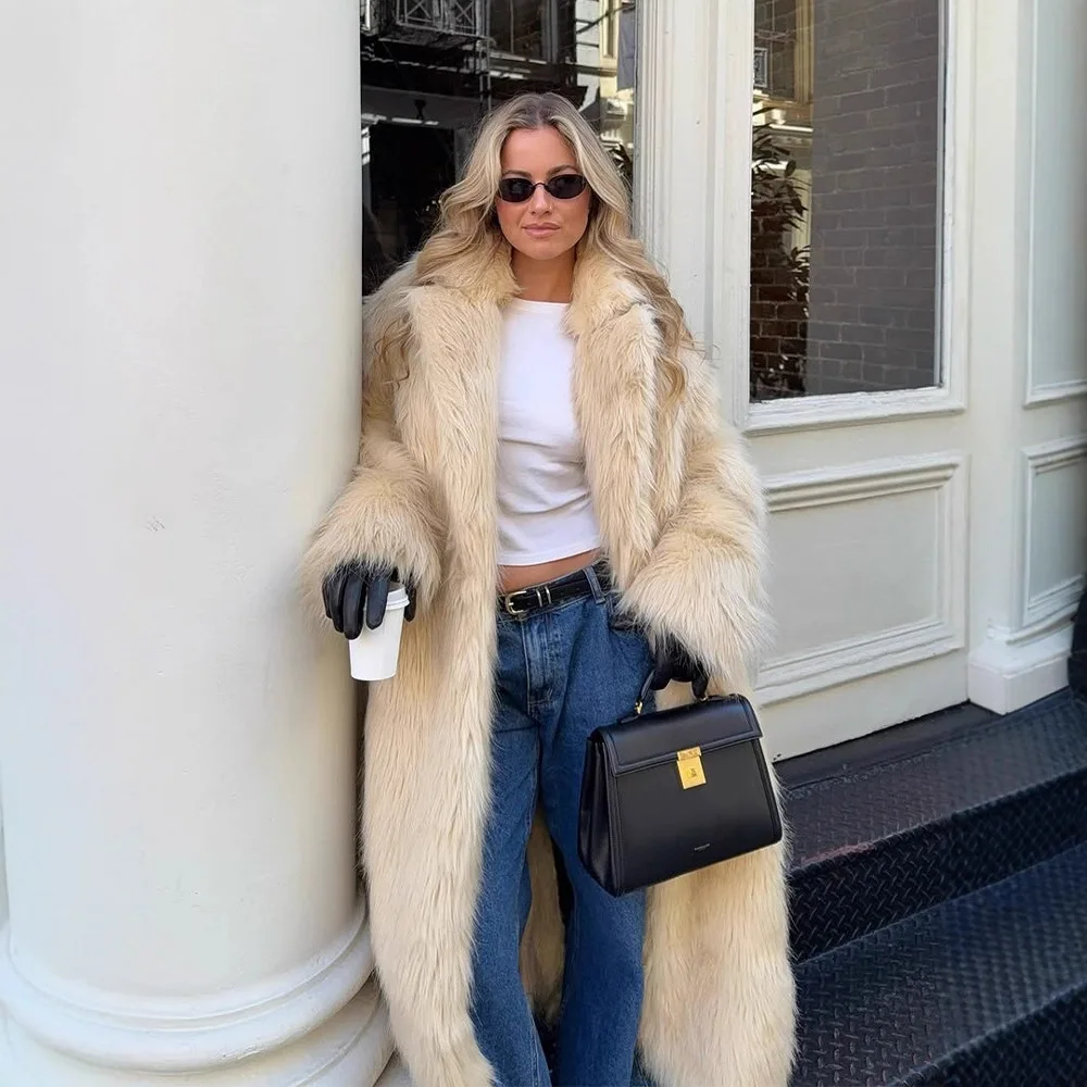 

Comfortable Winter Women Mink Fur Outwear Yellow Lapel Collar Plush Female Eco Fur Coat Long Desinged Faux Fur Jacket For Lady