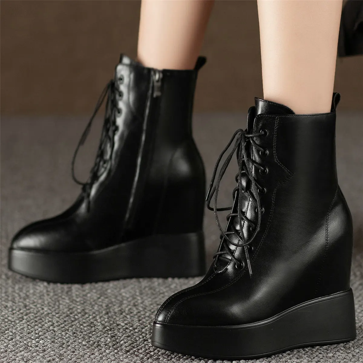 

Wedges Pumps Shoes Women Lace Up Genuine Leather Super High Heels Ankle Boots Female Pointed Toe Fashion Sneakers Casual Shoes