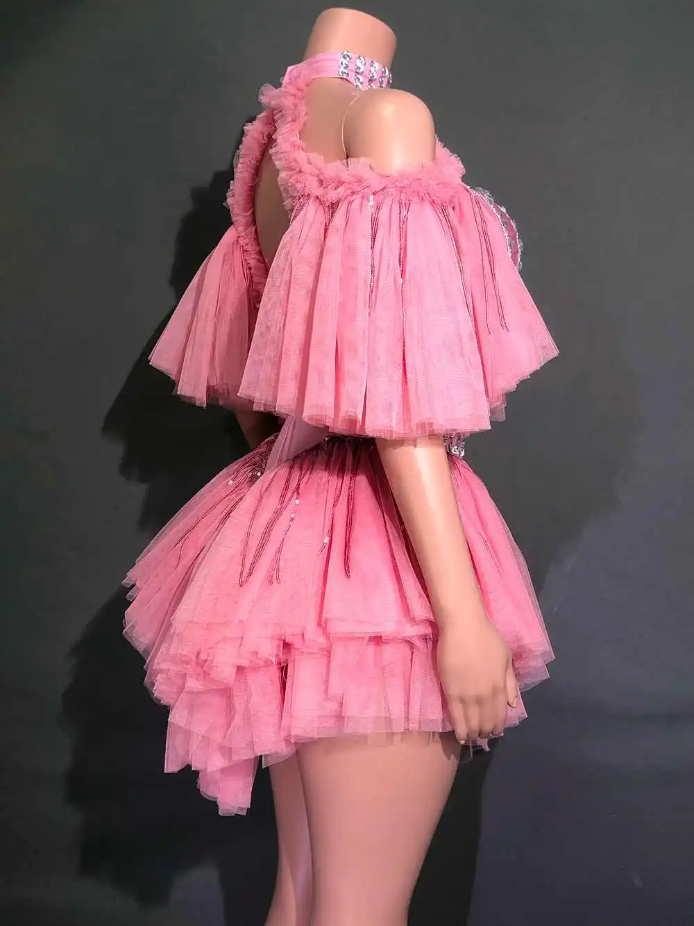 Sexy Off-The-Shoulder Sheer Pink Bodysuit Rhinestones Evening Party Dress Performance Dance Costume Nightclub Dancer Stage Wear