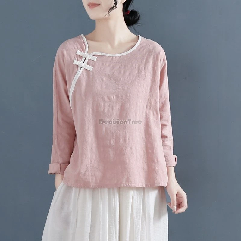 

2024 chinese style solid color patchwork top vintage round neck diagonal buckle cotton linen top elegant versatile zen clothing