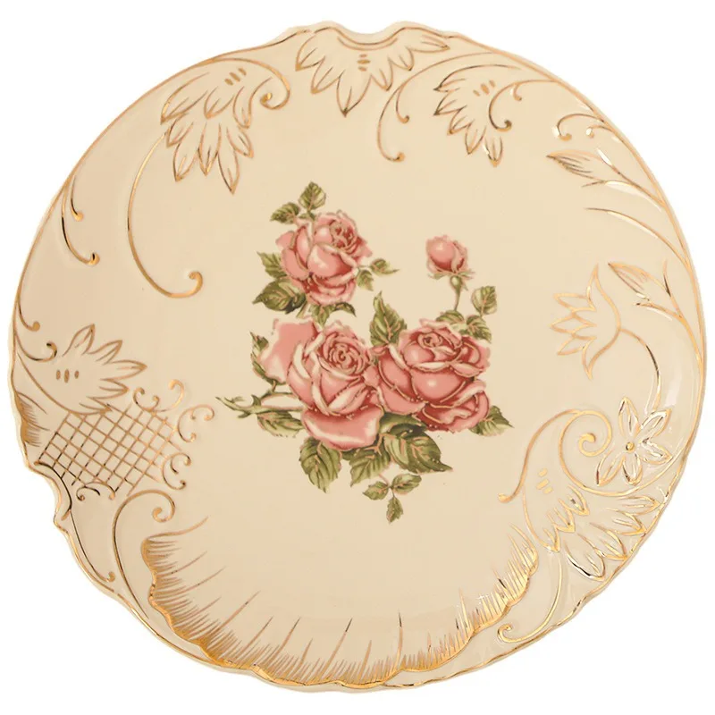 European Style Ceramic Tableware Gold-Edged Rose Ceramic Gilded Plate Vegetable Plate Housewarming Gift Tableware