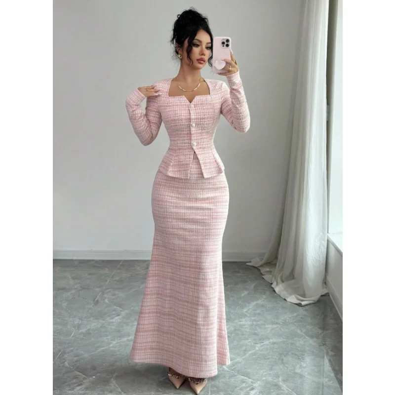 Women Pink 2 Piece Outfit Button Peplum Jacket Mermaid Maxi Skirt Set Elegant Office Business Wedding Guest Formal Matching Suit