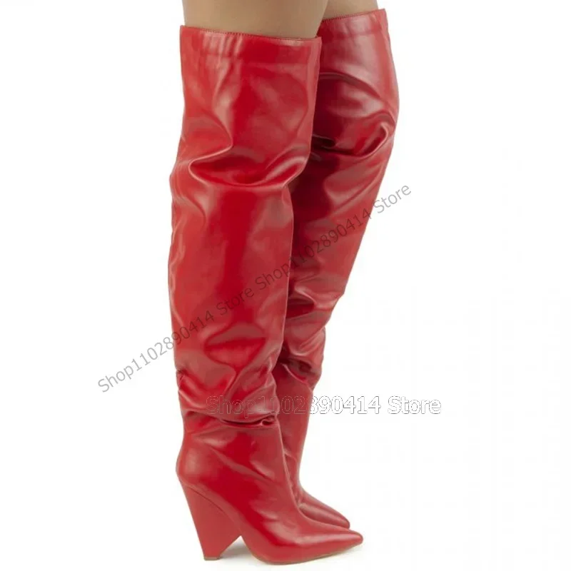 

Red Black White Pleated Thigh High Pointed Toe Boots Slip On Women Shoes Strange Style Heels Sexy Party 2026 Zapatos Para Mujere