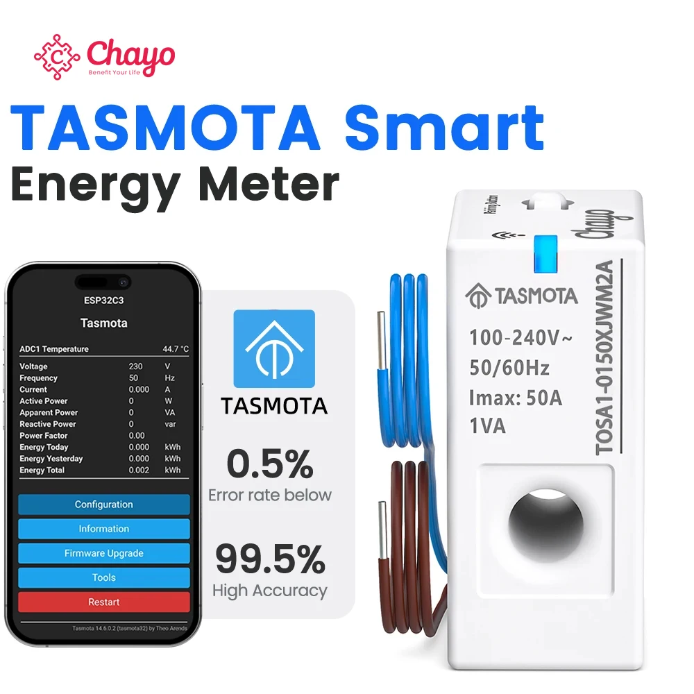 Chayo Tasmota WiFi Smart Energy Meter 1-50A Adjustable Real Time Voltage Current Power Monitor with Timer VA Protection
