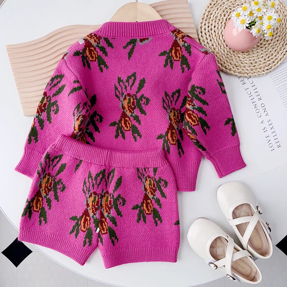 Bear Leader 2023 Winter Fashion Baby Girls Long Sleeve Floral Print V-neck Knitted Top + Floral Print Shorts Girls Sweater Sets