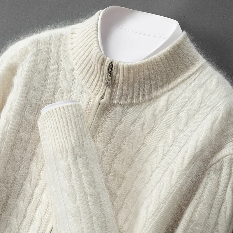 100% Pure Cashmere Men's Cardigan Knitted Cable Zipper Cardigan Thickened Casual Solid Color Loose Sweater Knitted Jacket
