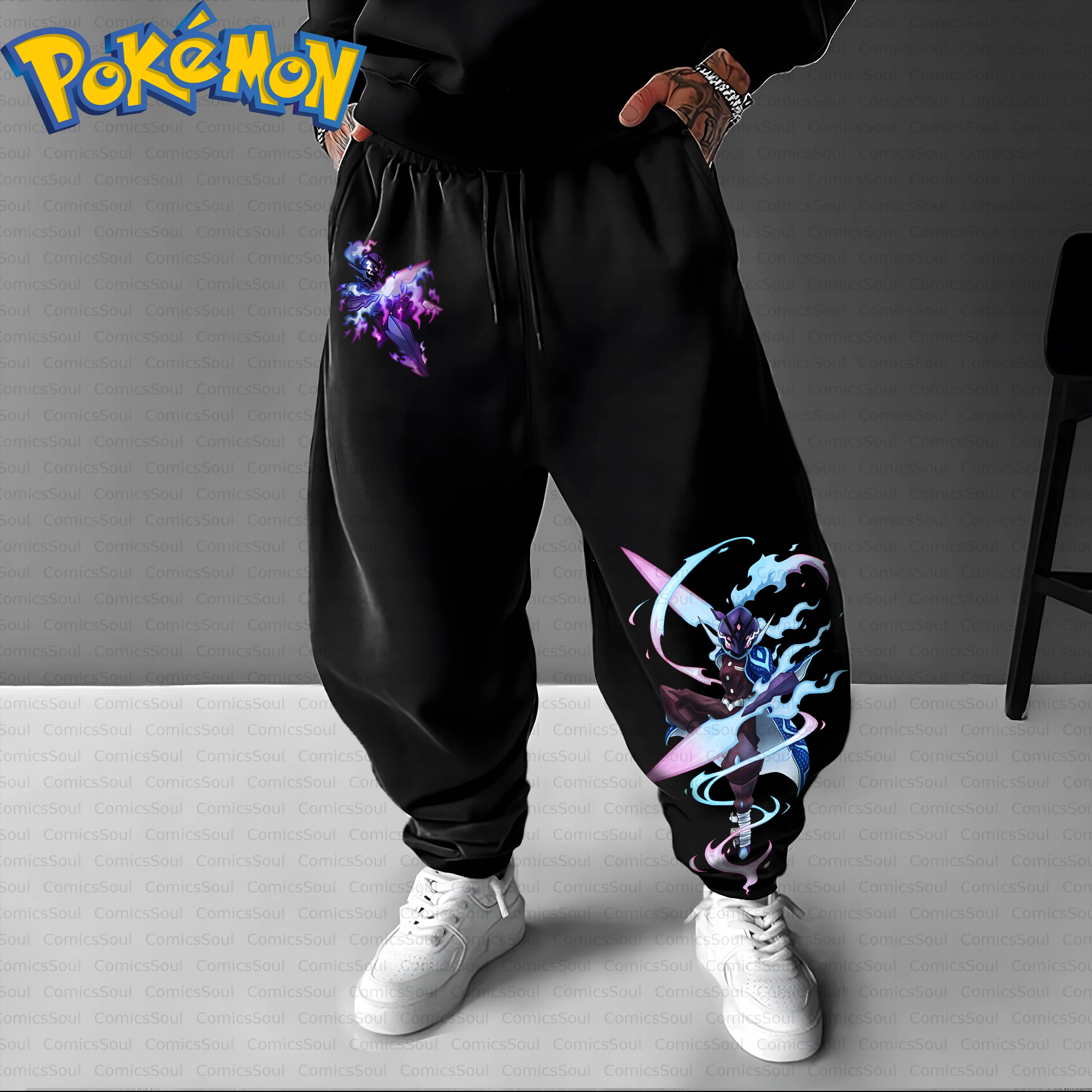 Conjunto de moletom com capuz Pokémon de algodão preto e calças Harajuku com estampa traseira de personagem dinâmico, efeitos azuis e rosa e padrão de manga