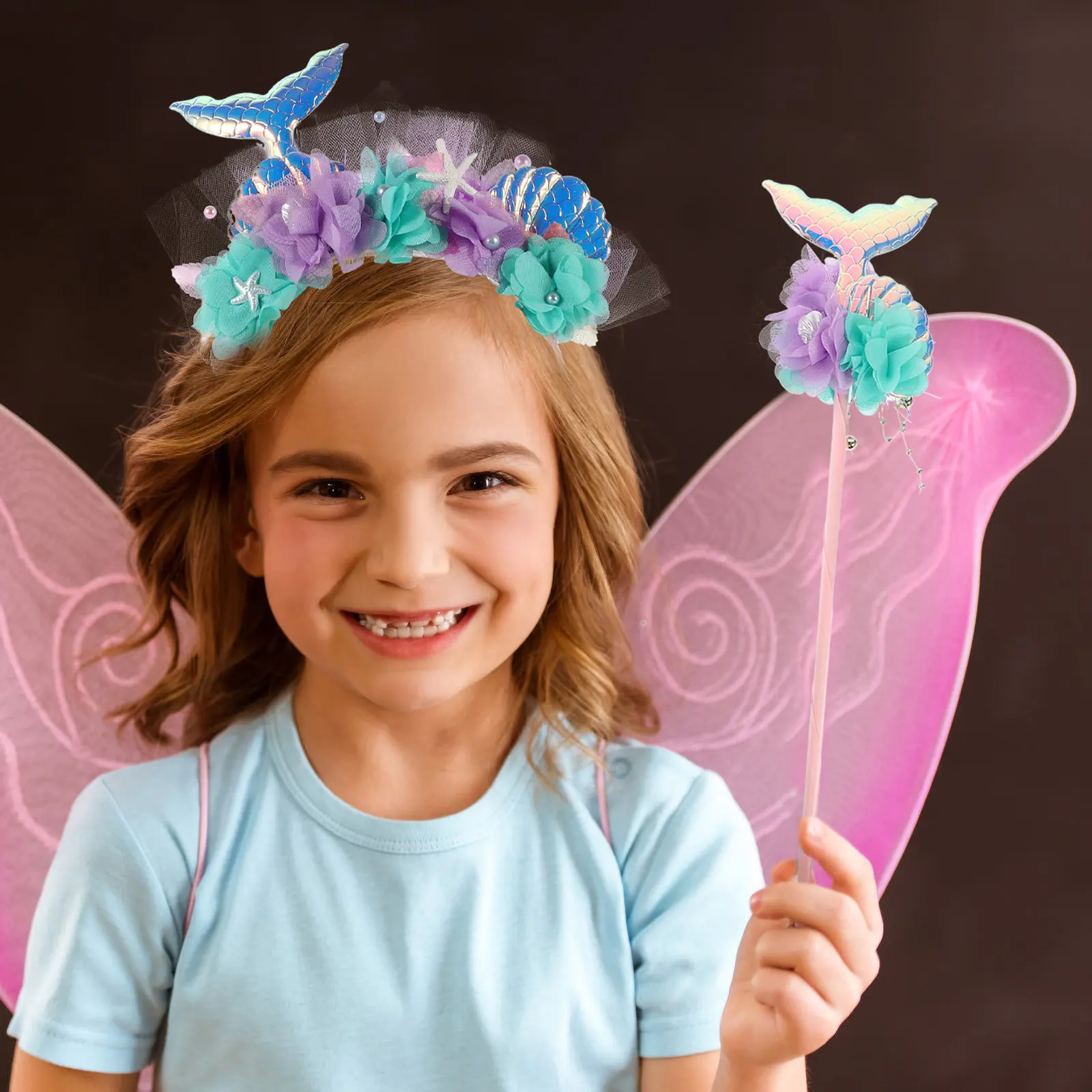 

Набор: повязка на голову с пайетками в виде хвоста русалки и волшебная палочка, милый аксессуар для косплея, для дня рождения, выступлений и декора