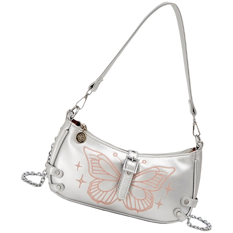 Crossbody Handbag for Women Embroidery Butterfly PU Leather Shoulder Bag with Chain Strap Elegant Underarm Armpit Purse