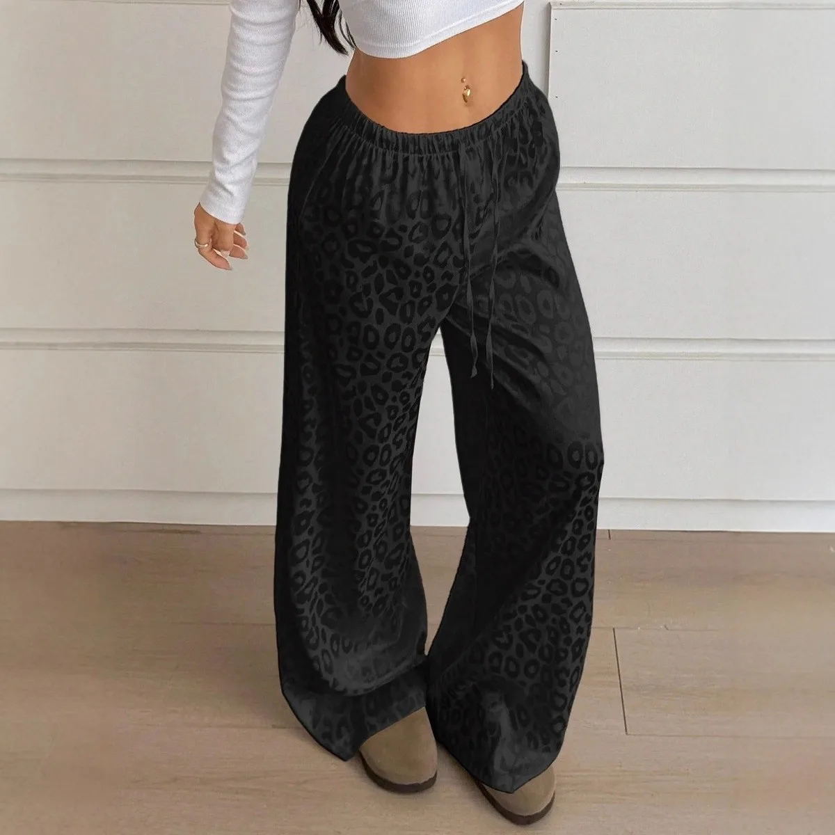 Women's Y2K Satin Leopard Print Loose Fit Mid Waist Full Length Drawstring Lightweight Pants Female Clothing Woman Clothes