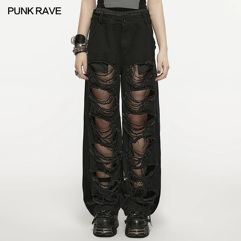 

PUNK RAVE Women's Punk Elastic Waist Denim Hip-hop Pants Large-area Rips Personalized Casual Loose Trousers Summer Autumn