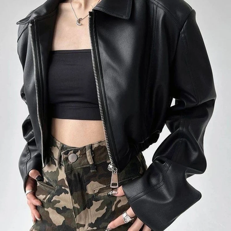 Women White Pu Leather Jacket Lapel Collar Zip Up Cropped Coat Long Sleeve Silver Zipper Retro Motorcycle Y2K Outerwear Top