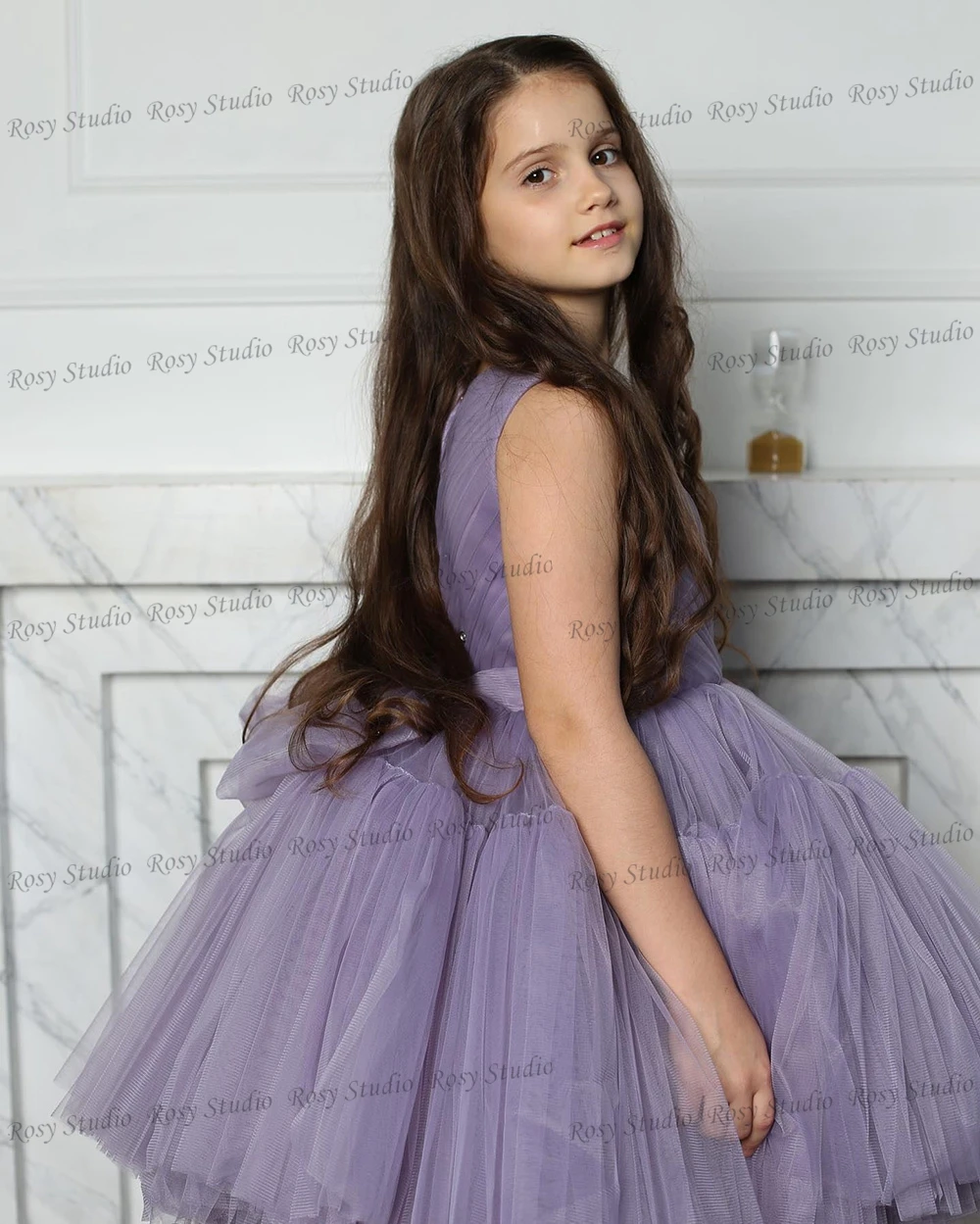 Fashion Lavender Flower Girl Dress O-neck Ball Gown Baby Girl Birthday Party Dresses Tulle Short Dance Dress Robe de Bal