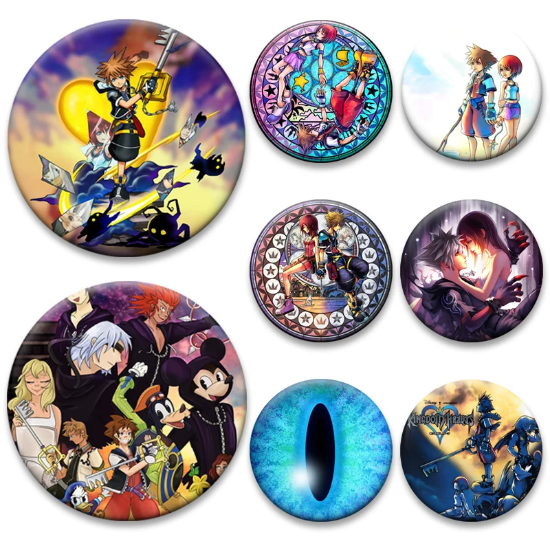 Sora Kairi Cartoon Badge Anime Kingdom Hearts Brooches on Backpack Accessory Handmade Round Pins for Bag Decor Jewelry Gifts