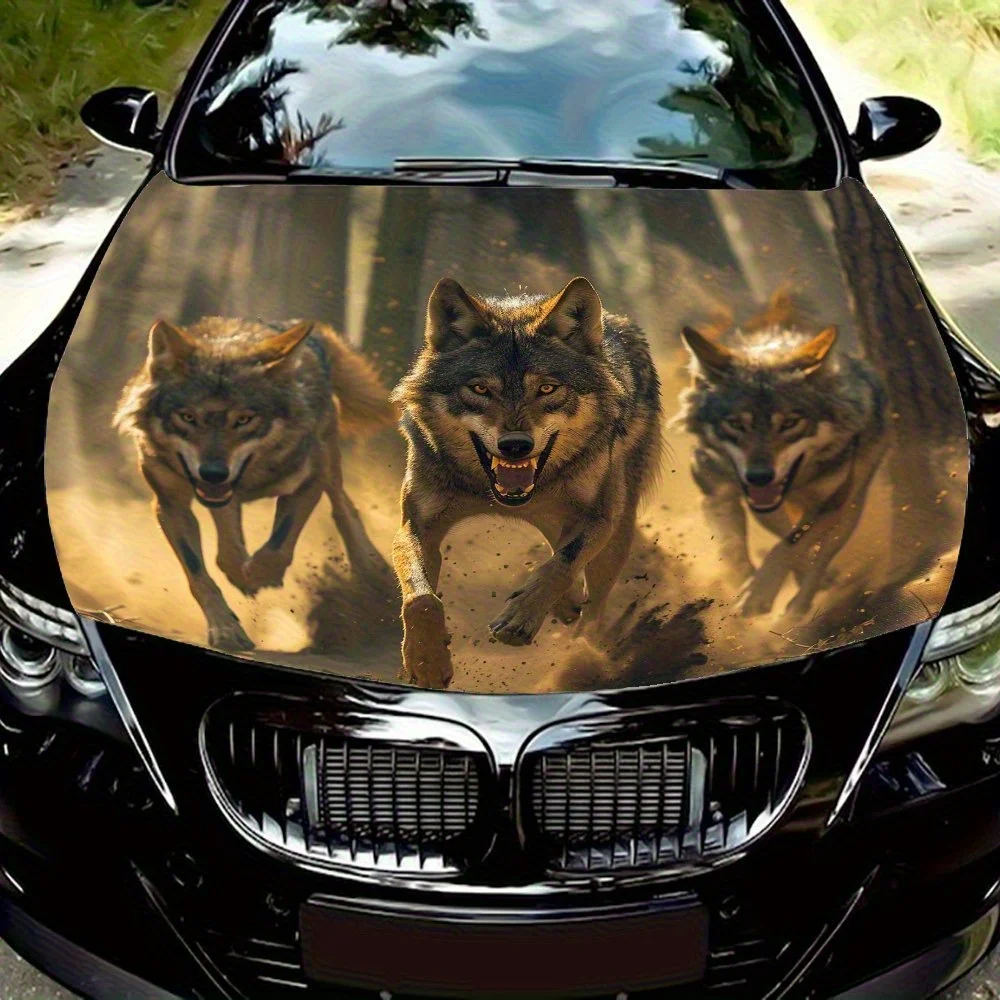 

Running Wolves Car Hood Vinyl Sticker, Universal Fit, Durable Paper Material, Engine Cover Decal, Auto Accessories, Eye-Catching