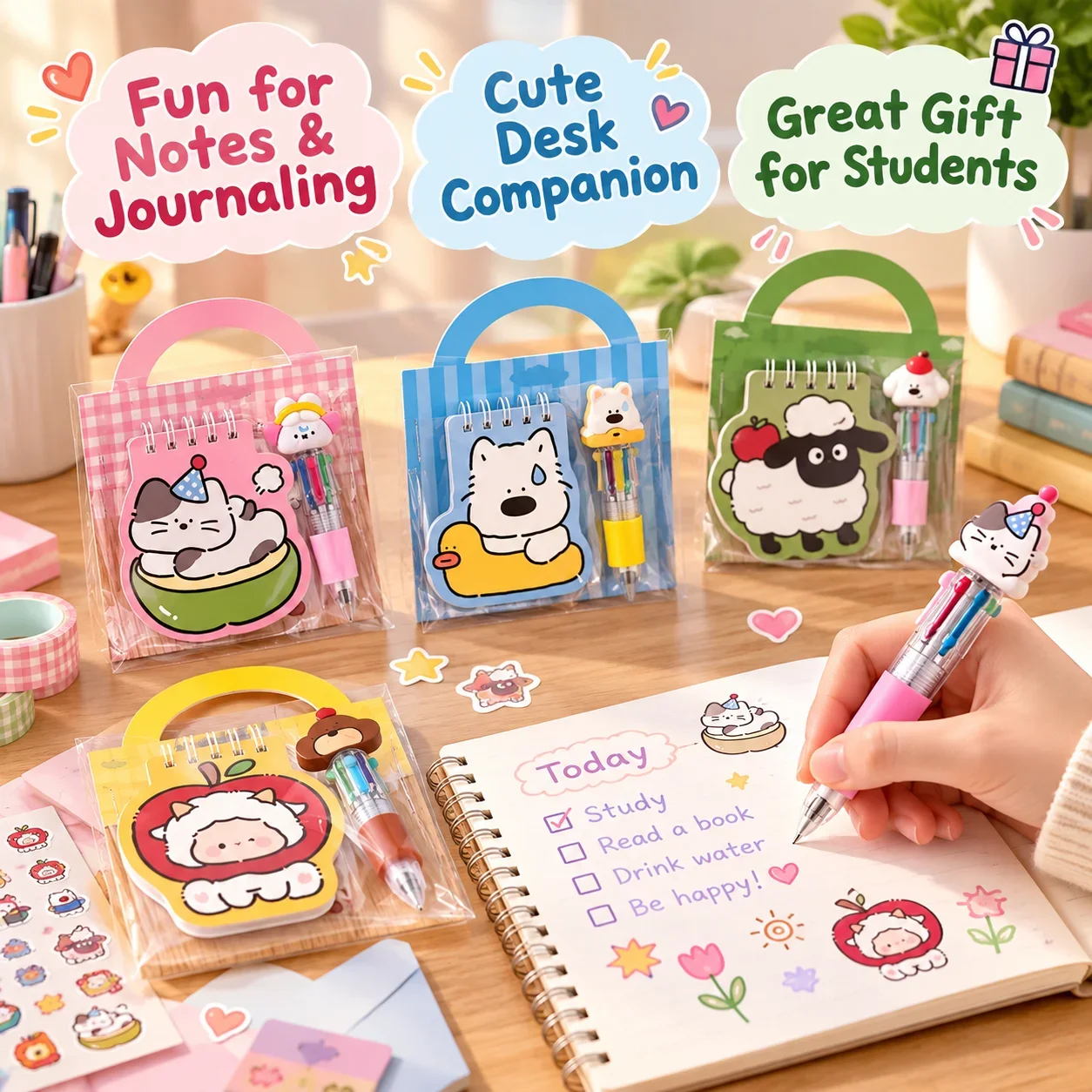 High Aesthetic Cartoon Stationery Set, Spiral Notebook and Sticky Notes, Cute Back-to-School Gift