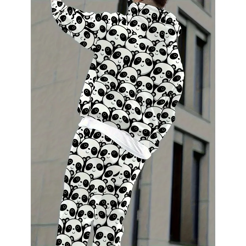 2025 3D Digital Cartoon Giant Panda Printed Fashion Set Casual Polyester Hoodie and Pants Geometric Pattern Youth Sports Style