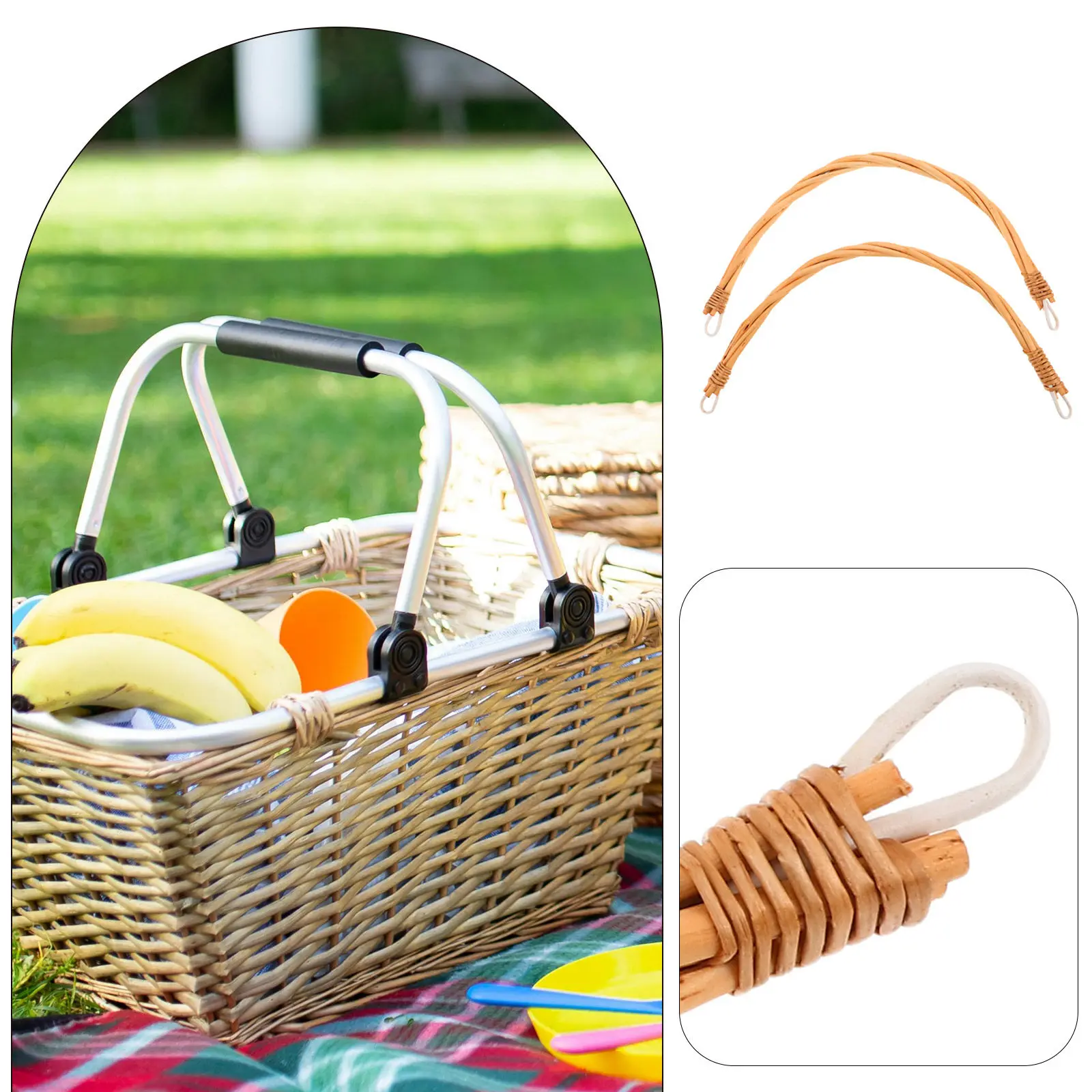 2Pcs Rattan Handle for Basket Replacement Sturdy Natural Look Easy Setup Compatible with All Woven Picnic Baskets Basket Handle